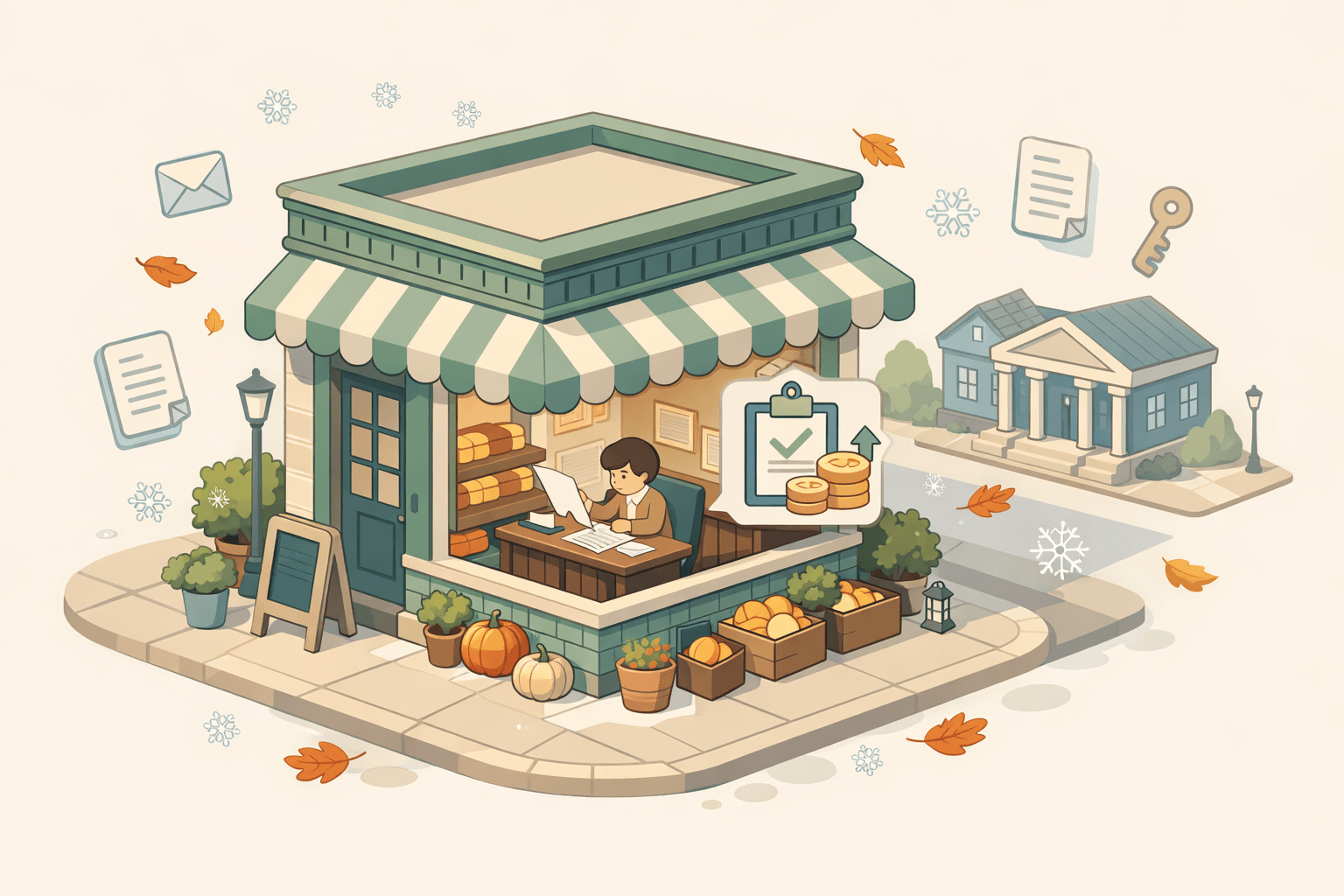 Isometric scene of a small seasonal bakery storefront with a business owner reviewing loan documents at a desk inside