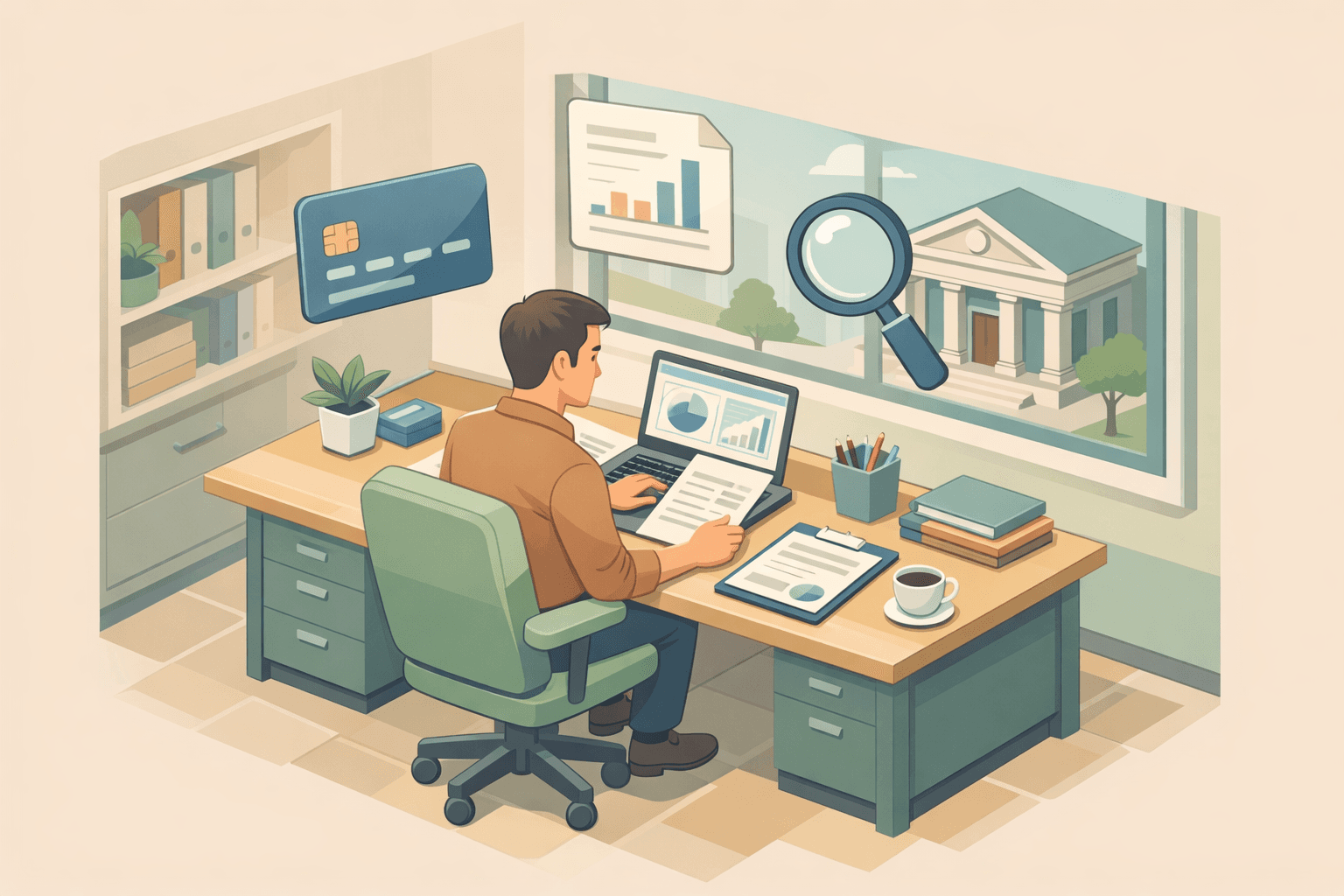 Small business owner reviewing financial documents at a desk with a bank building visible in the background