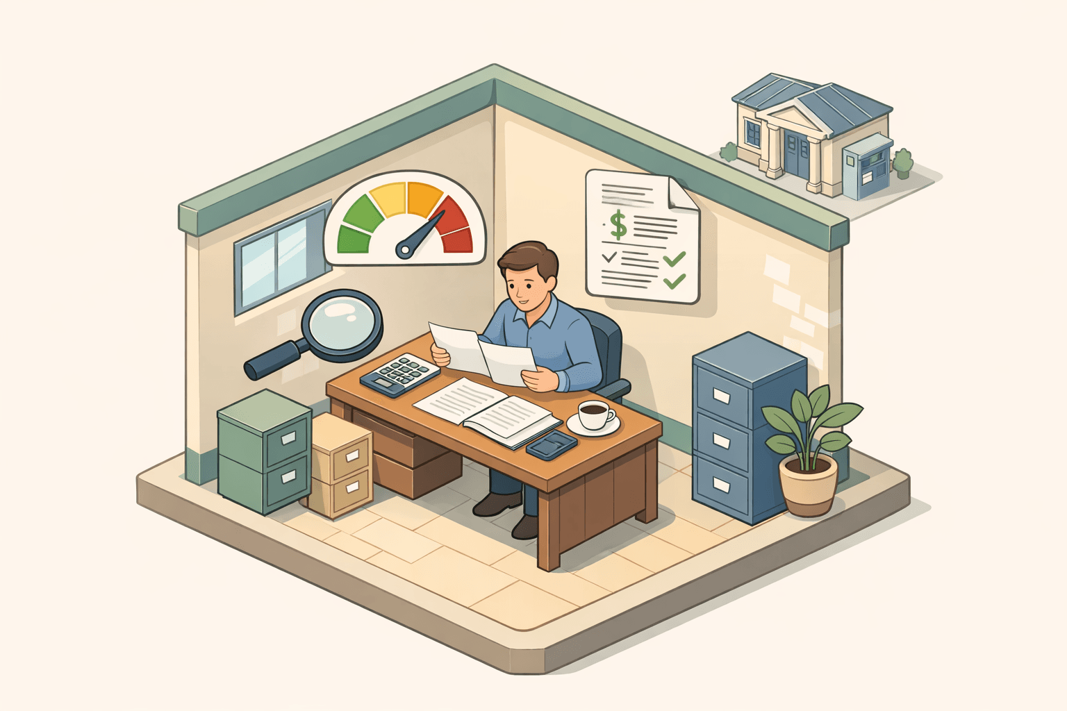 Small business owner reviewing financing documents at a desk with a credit score gauge and line of credit icons nearby