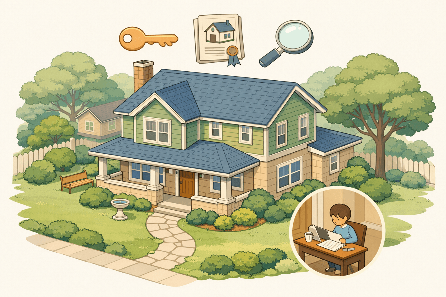 An inherited house with a title deed and key icons floating above it, representing a HELOC application on inherited property.
