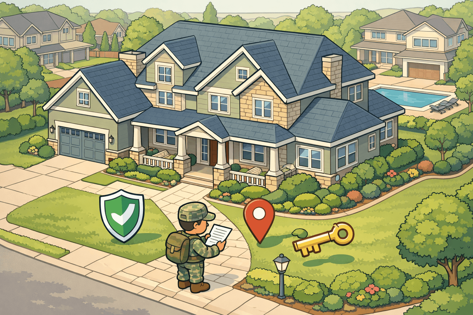 A veteran reviewing home loan documents outside a large house in a high-cost neighborhood with location and key icons nearby