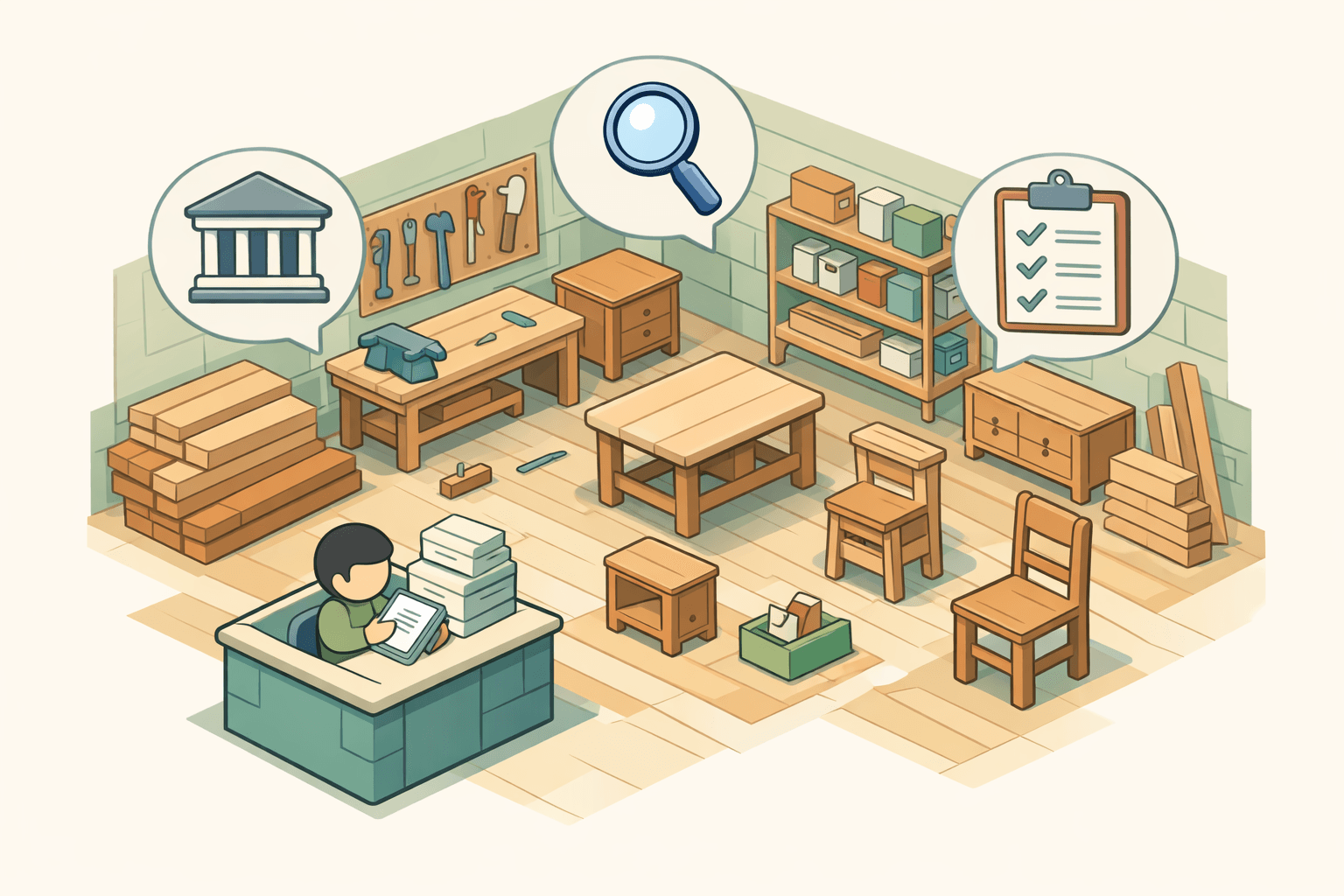 A custom furniture workshop with documents and financing icons representing a business line of credit application