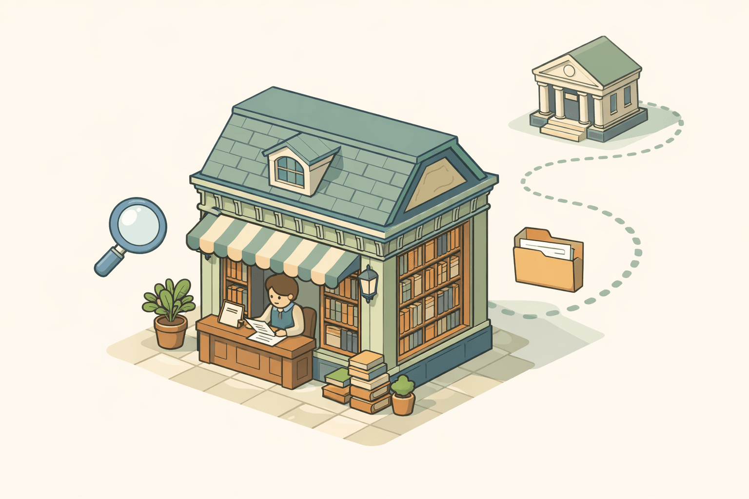 A small rare book shop with visible shelves and a person reviewing financial documents at a desk near a lending institution