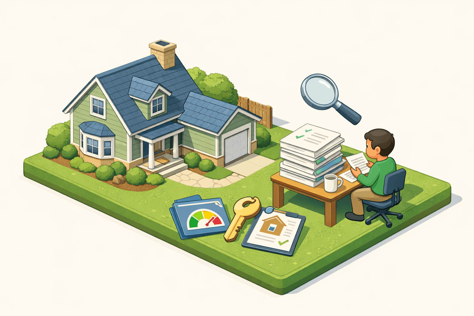 Homeowner reviewing documents at a desk beside a suburban house while preparing a HELOC application