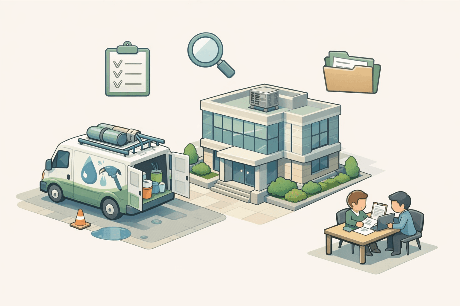 A mobile car wash van parked near a small office where entrepreneurs review loan documents and equipment checklists