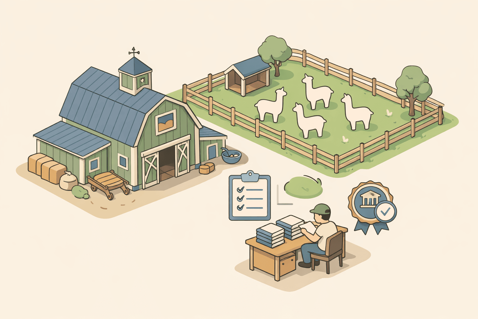 Isometric farm scene with barn, alpaca pasture, and a small figure reviewing loan documents at a desk