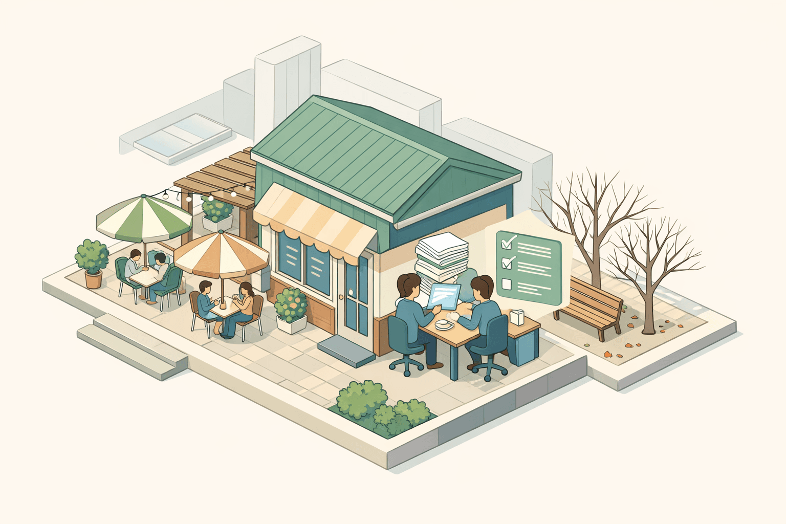 Isometric scene of a seasonal restaurant with small figures reviewing loan documents inside and seasonal landscape outside