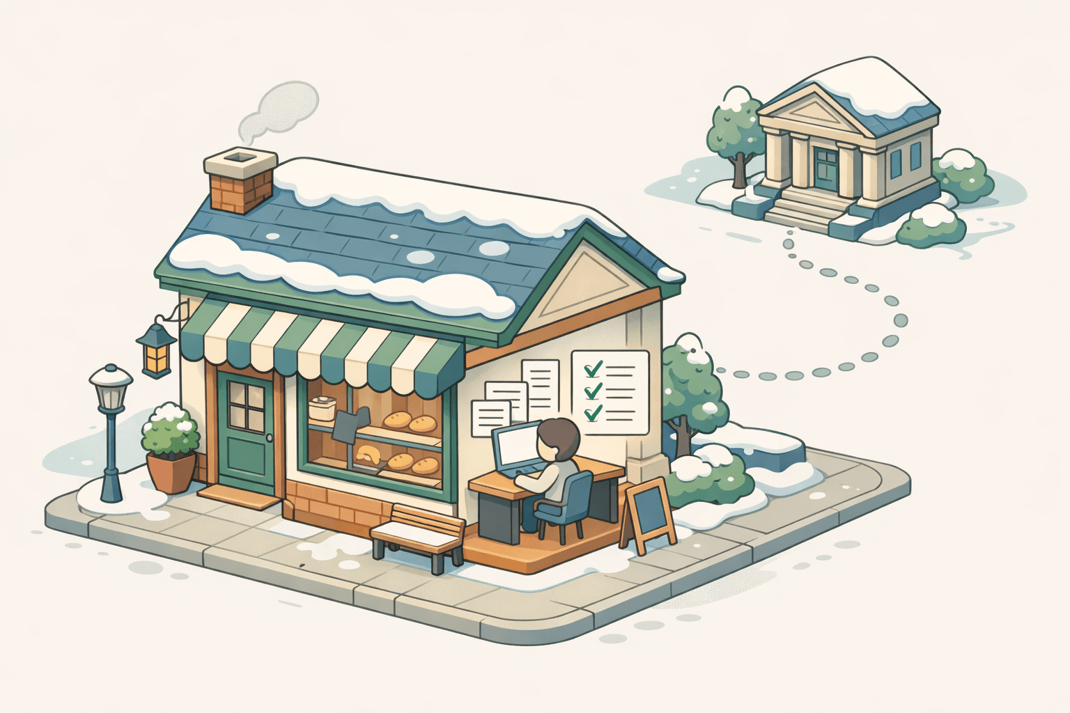 A small seasonal bakery storefront in winter with a person reviewing loan documents inside and a bank building nearby