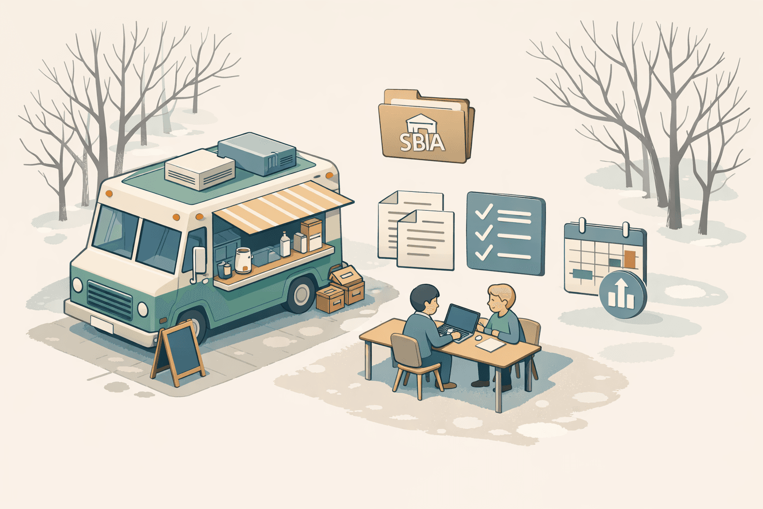 A seasonal food truck parked during off-season with small figures reviewing loan documents and financial records at a nearby desk.