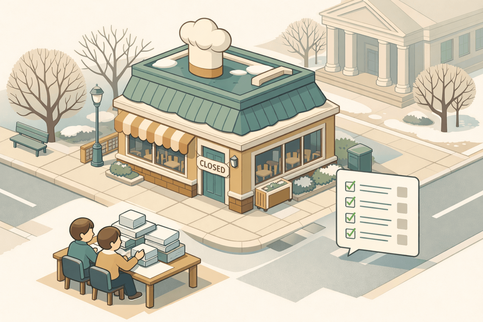 A seasonal restaurant building during off-peak months with small figures reviewing loan documents at a nearby desk