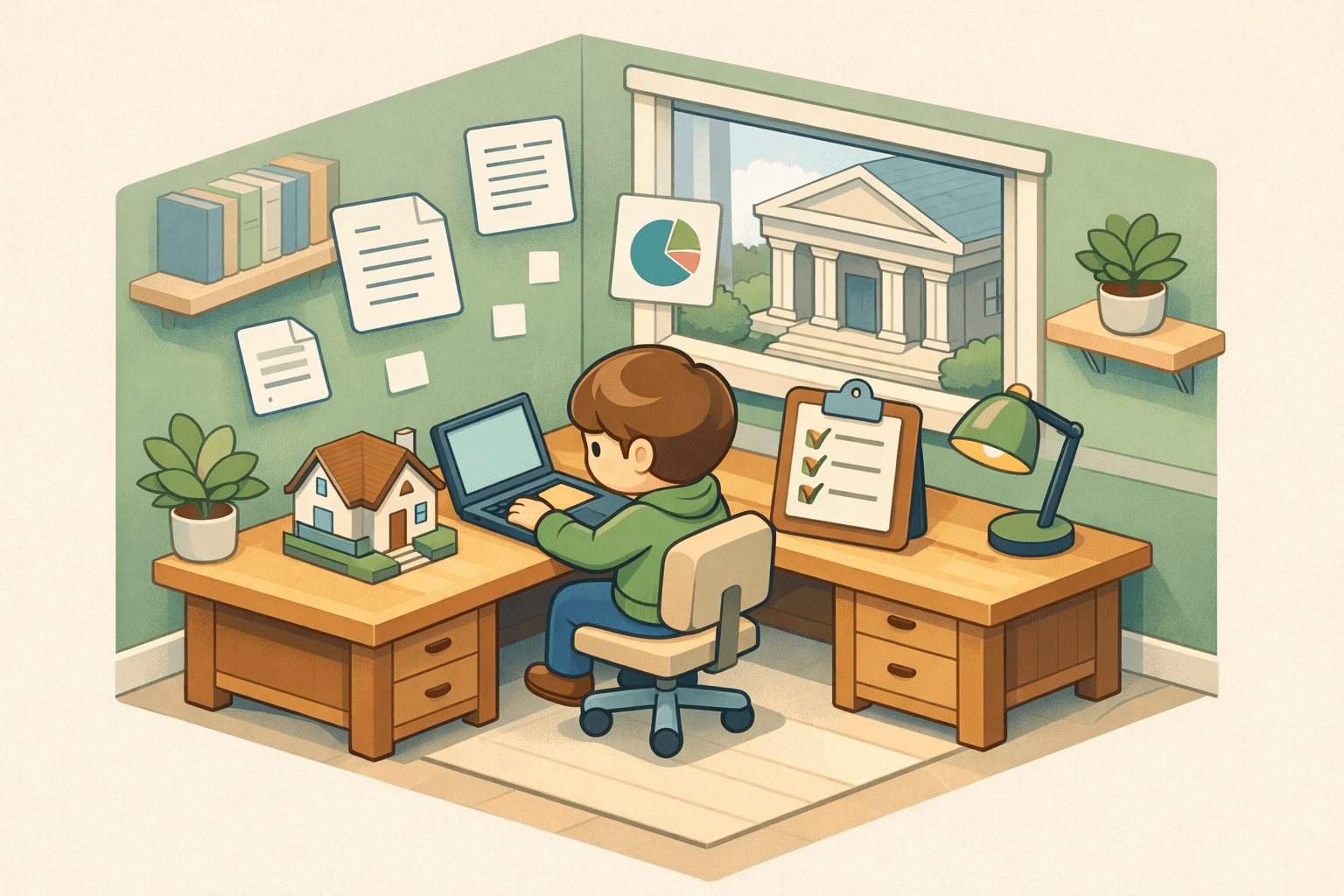 A person reviewing loan documents at a desk with a small house model and checklist nearby inside a home office