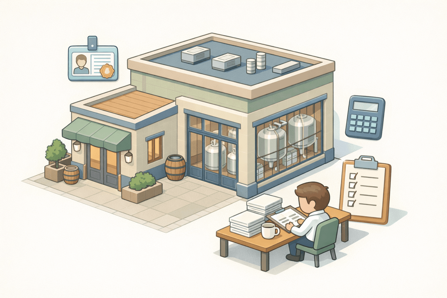 Small craft brewery building with an entrepreneur reviewing loan documents and permit forms at an outdoor desk