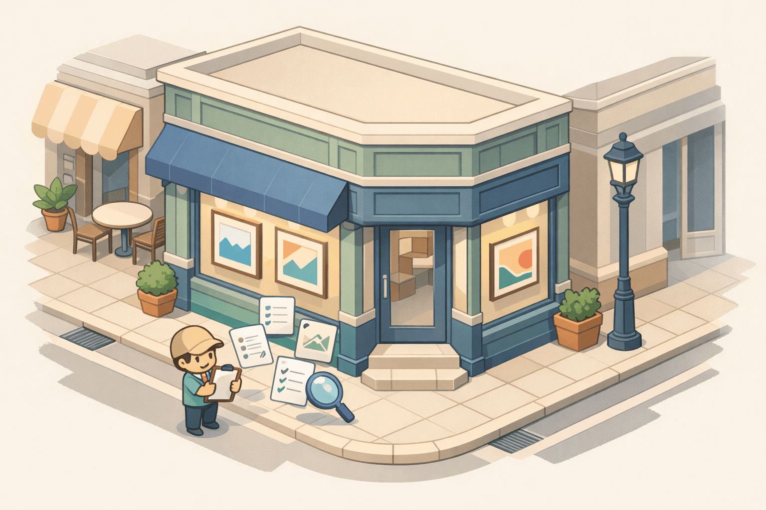 Isometric art gallery storefront with a person reviewing loan documents near the entrance and floating paper icons
