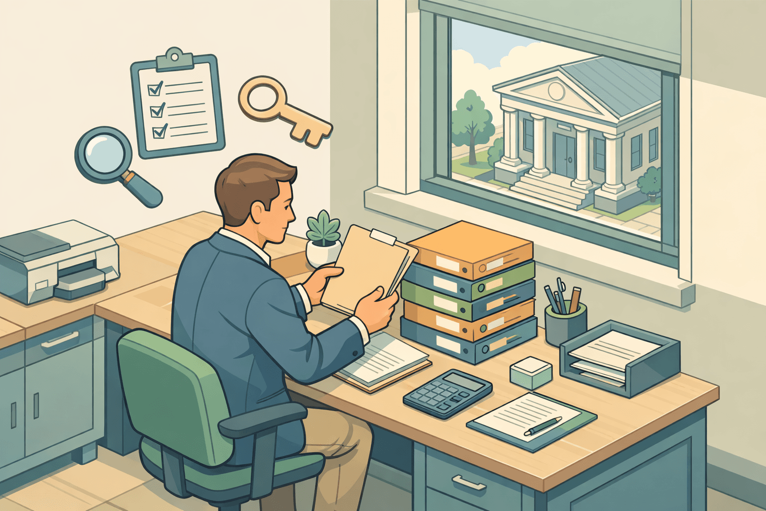 Small business owner organizing loan documents at a desk with a bank building visible in the background