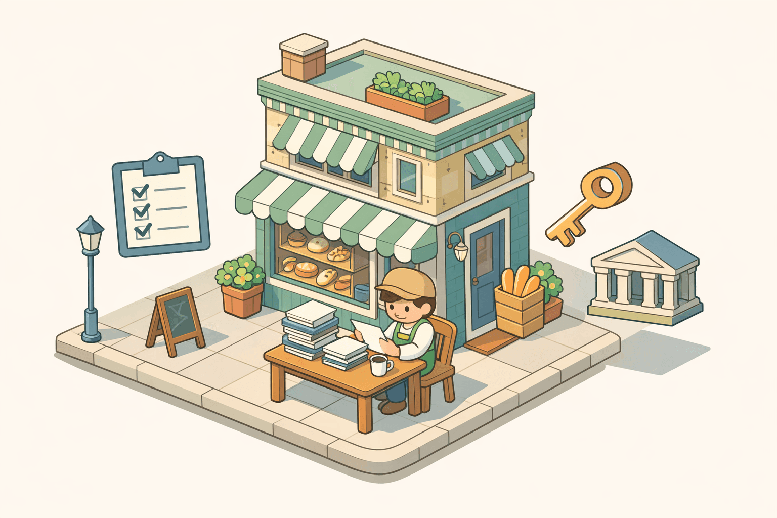 Small bakery storefront with a business owner reviewing loan documents at a desk outside, surrounded by document and checklist icons