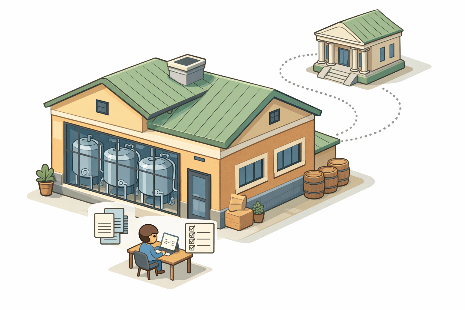 Isometric illustration of a small brewery building with a person reviewing loan documents at a desk near fermentation tanks
