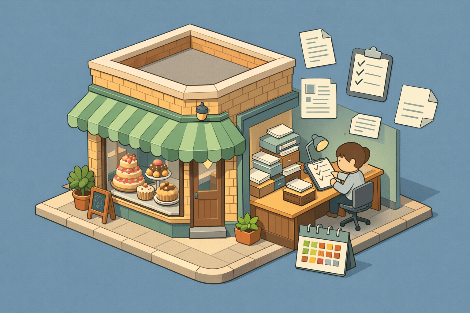 Small bakery storefront with a person reviewing loan documents and a seasonal revenue calendar at a desk inside.