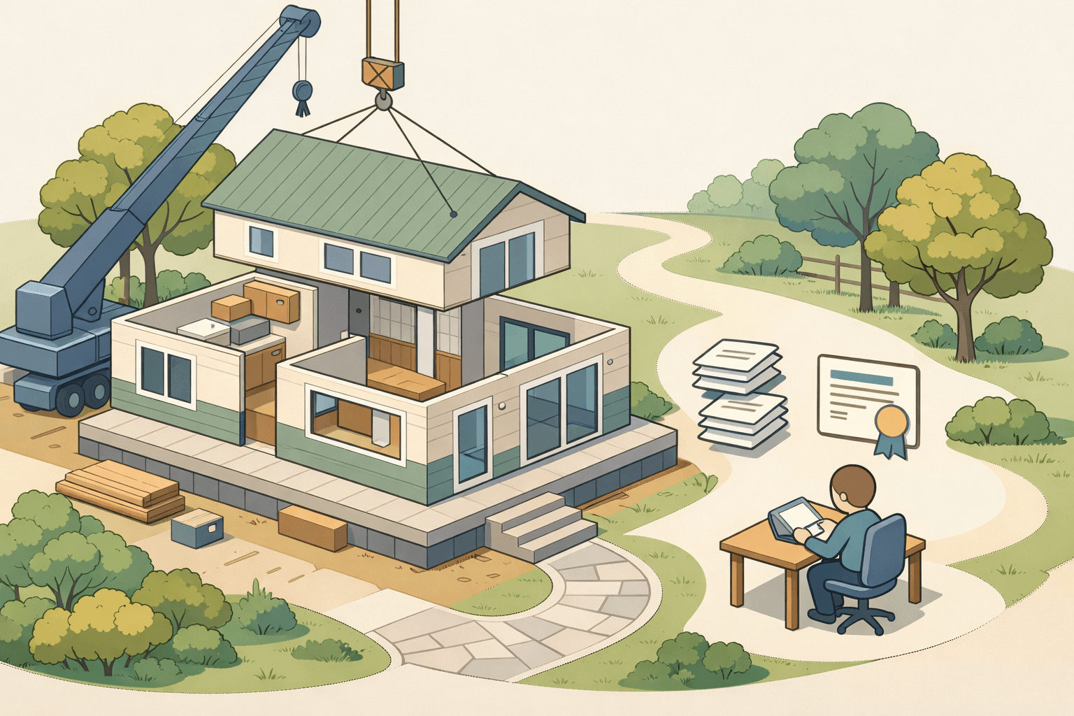 A modular home on a permanent foundation with document icons nearby representing VA loan paperwork requirements