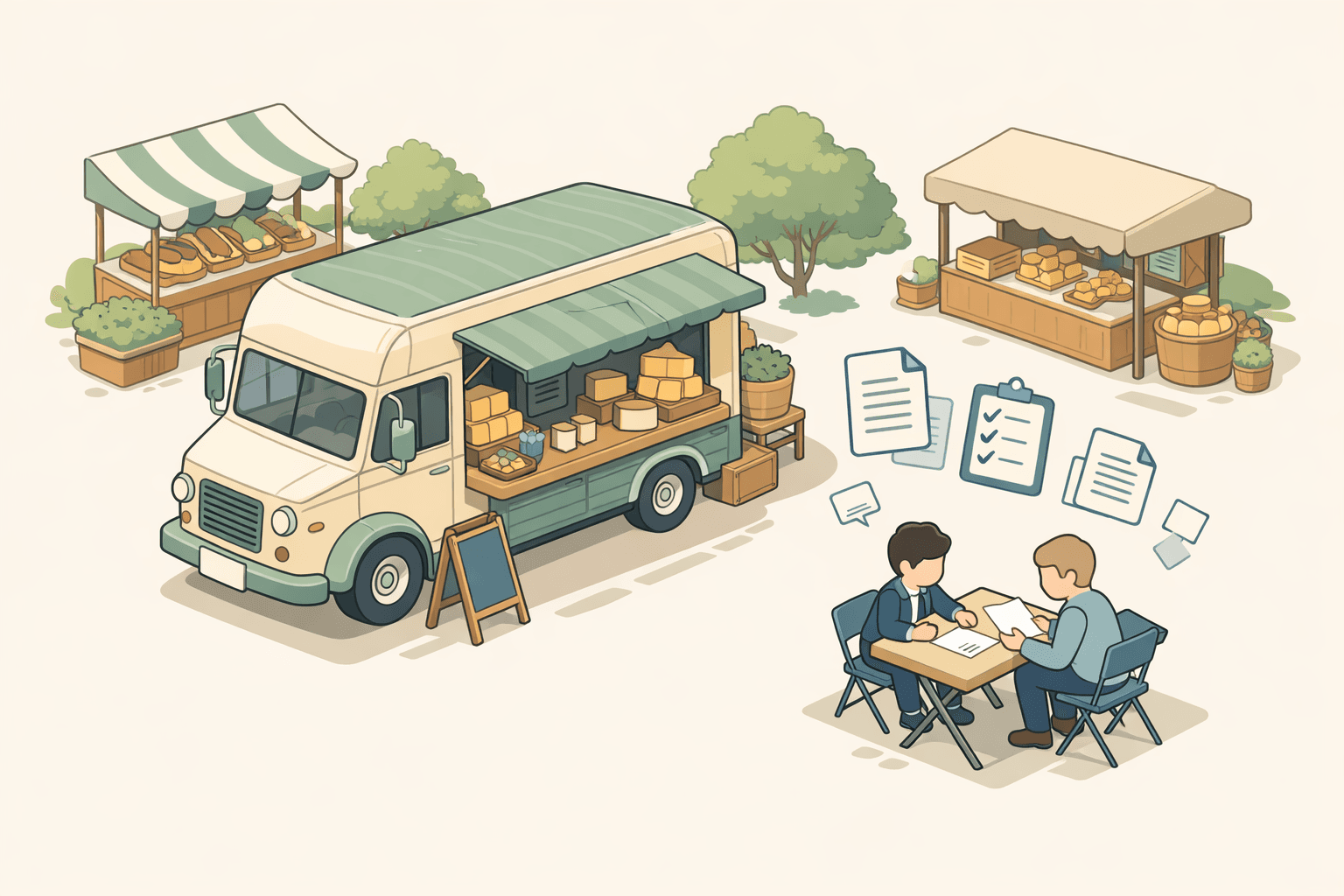 A mobile artisanal cheese shop food truck parked at an outdoor market with small figures reviewing loan documents nearby.