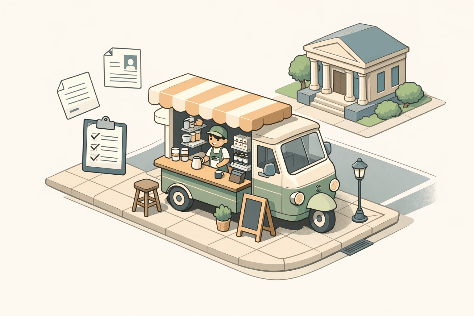 Isometric scene of a mobile coffee cart startup with floating document icons and a small bank building nearby