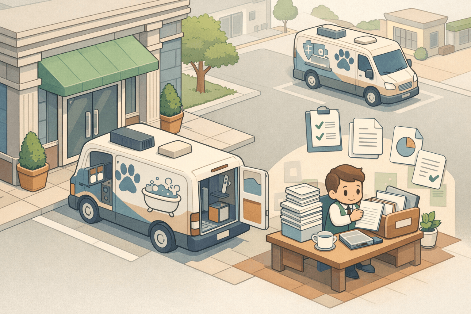 A mobile dog grooming van parked near a small bank with a business owner reviewing loan documents at a desk inside