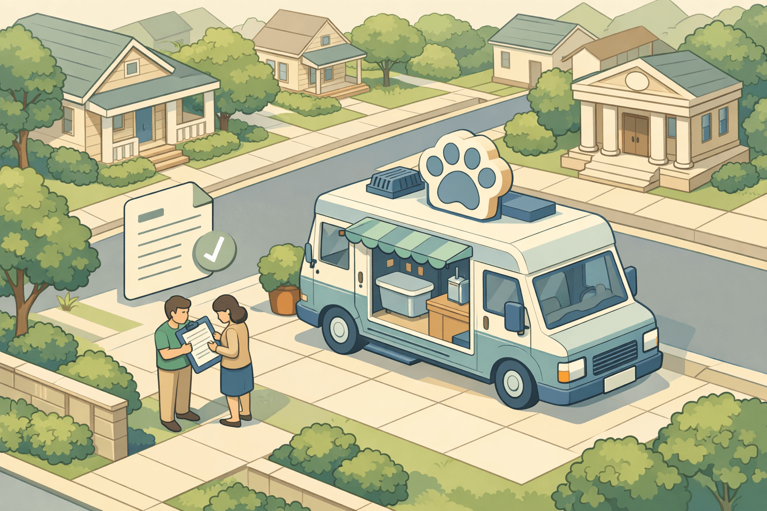 A mobile grooming van parked in a neighborhood with small figures reviewing loan documents nearby and a bank building in the background.