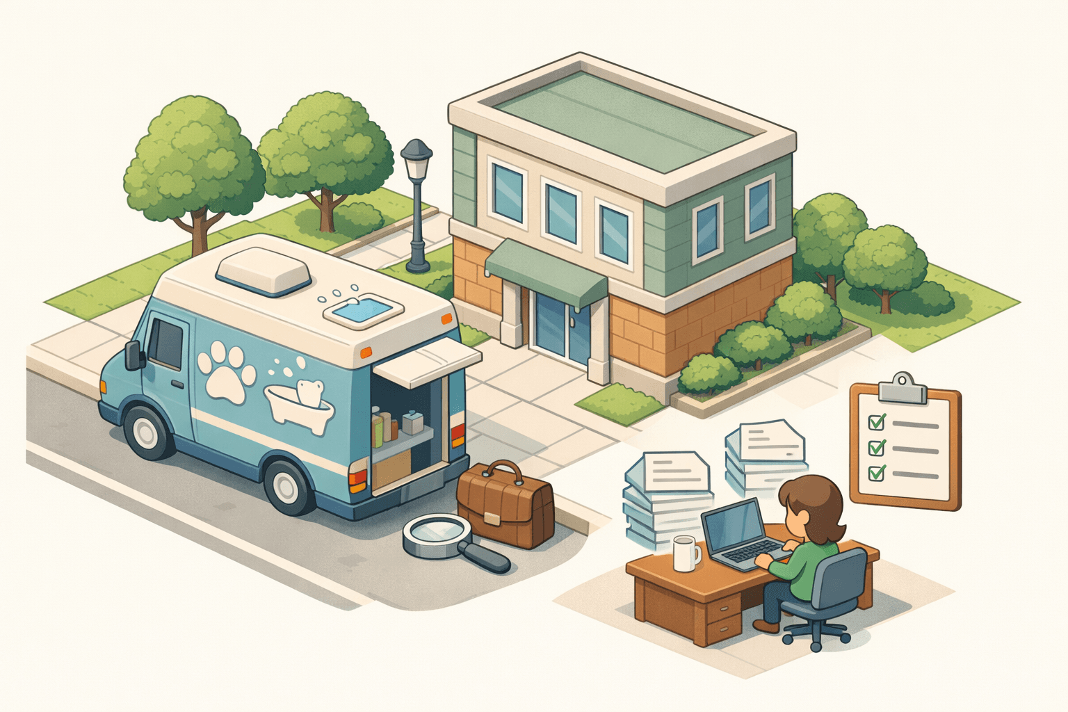 A mobile pet grooming van parked near a small business office with documents and a checklist on a nearby desk