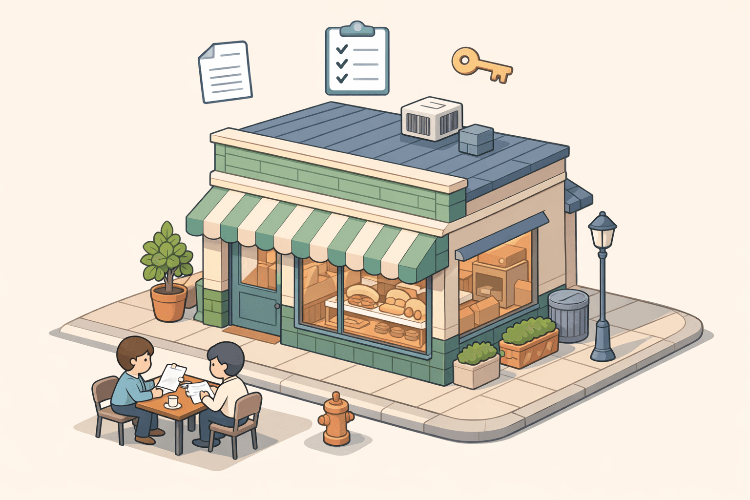 Isometric illustration of a small bakery building with tiny figures reviewing loan documents at a table outside