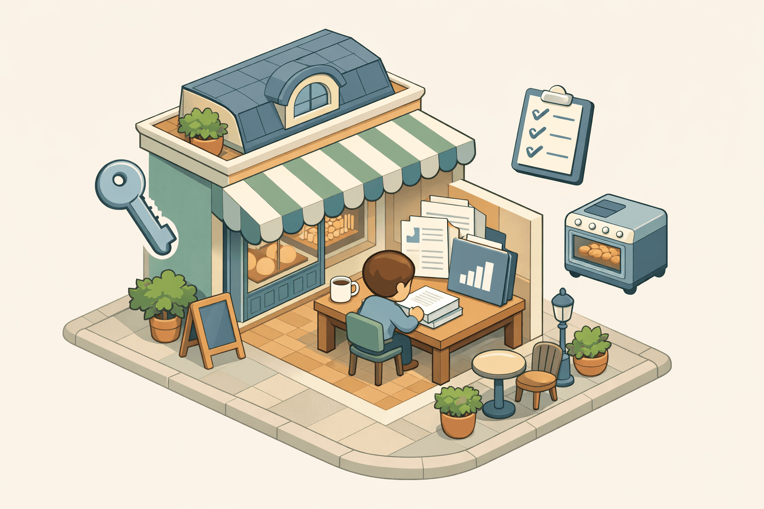 Small bakery storefront with a person reviewing loan documents and business paperwork at a desk inside