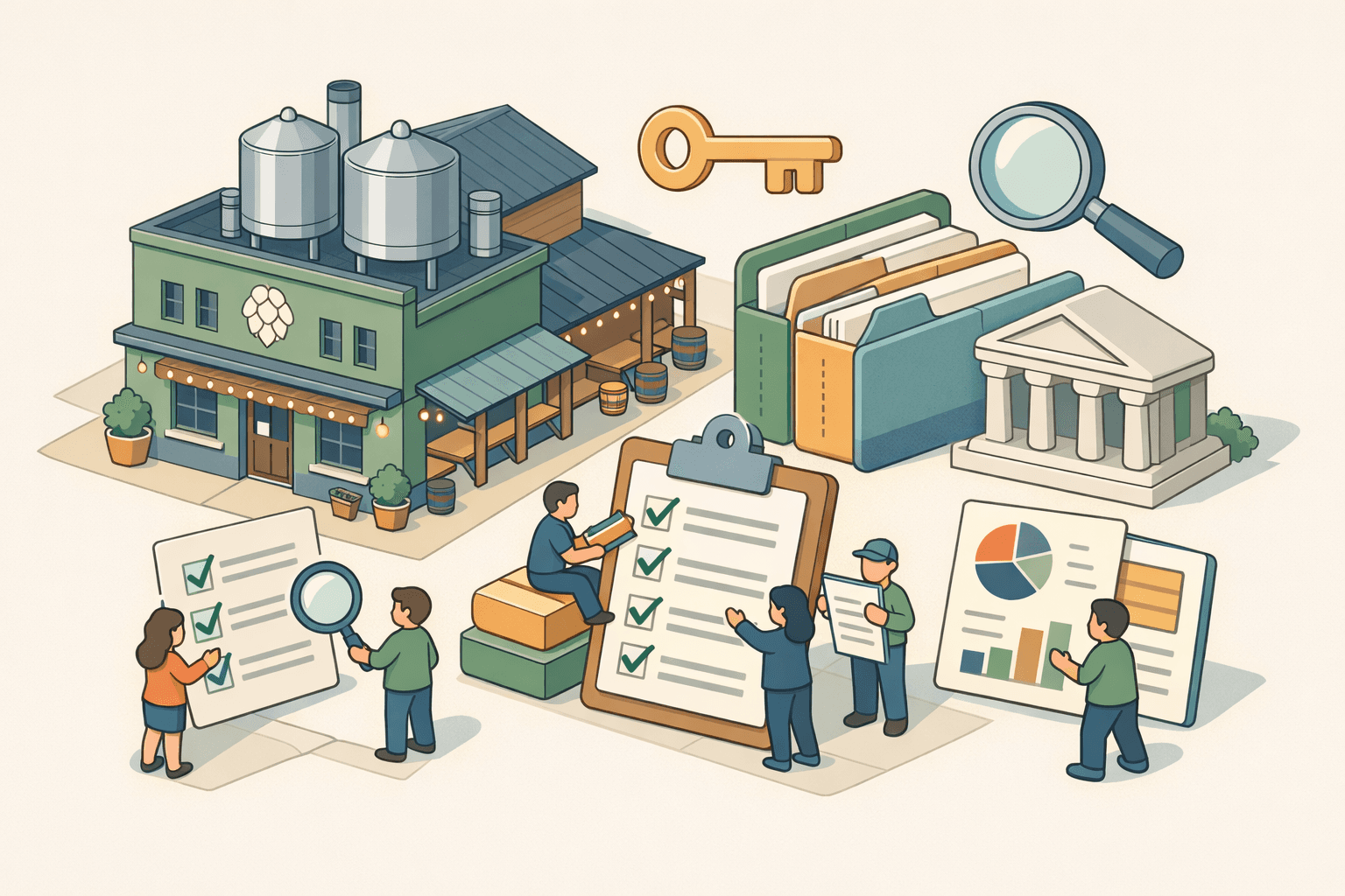Small craft brewery building with document folders and a checklist representing an SBA loan application process