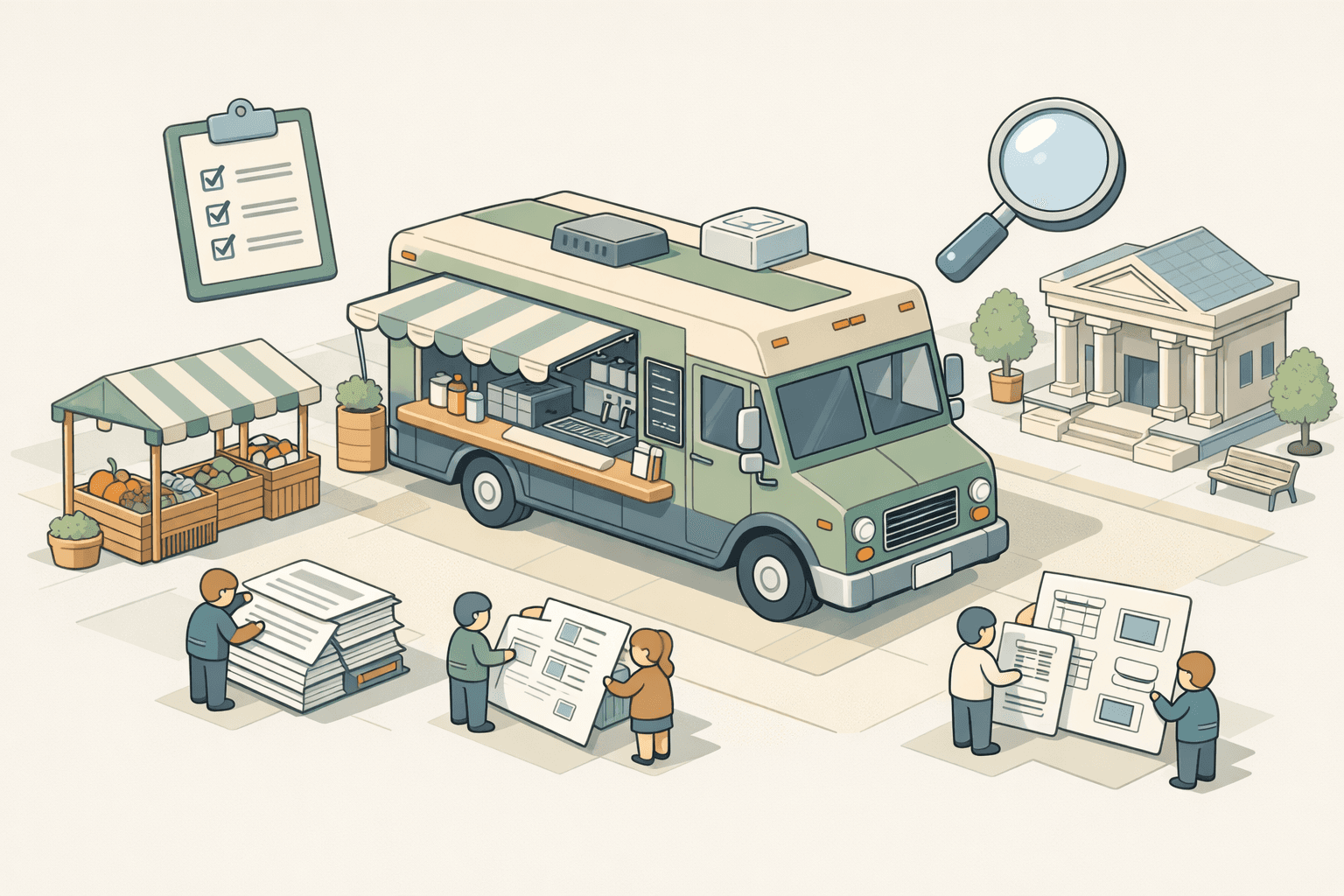 A custom food truck parked at a market with documents and equipment icons representing an SBA loan application process