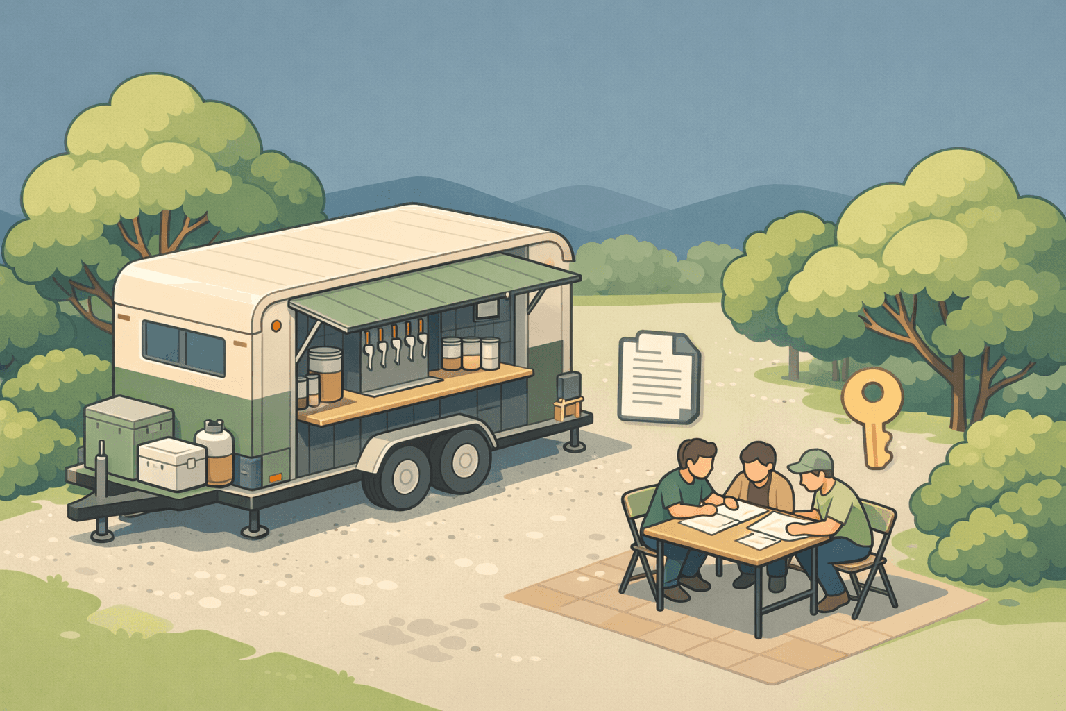 A mobile craft brewery trailer parked at an outdoor event with small figures reviewing loan documents at a nearby table.