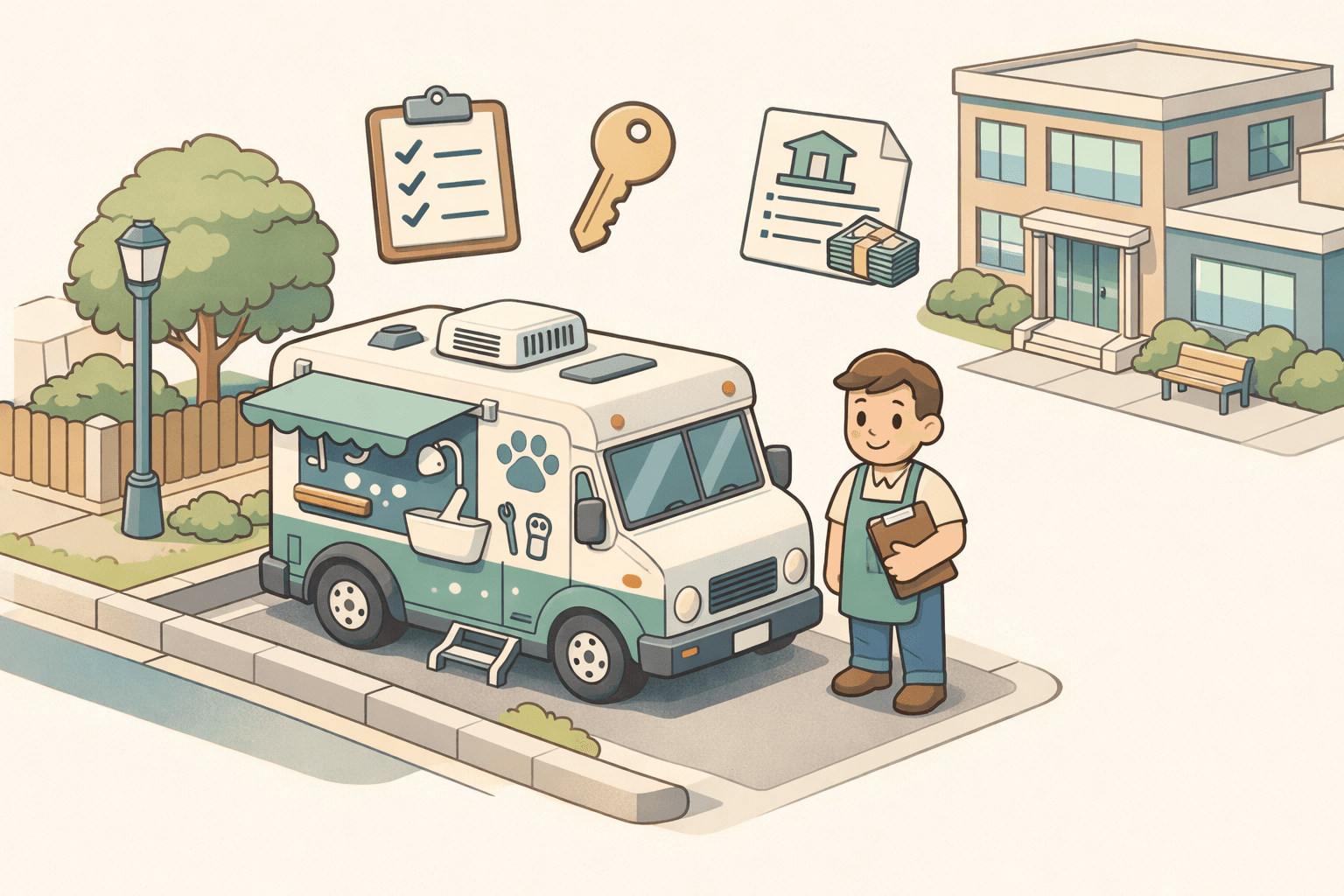 A mobile grooming van parked near a small business office with a person holding documents and loan application forms nearby