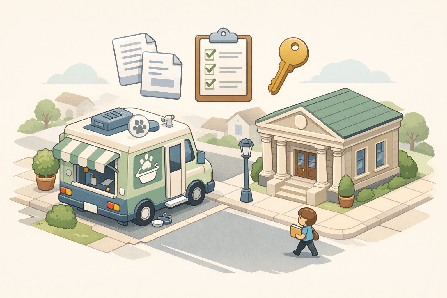 A mobile pet grooming van parked near a small bank building with document icons floating above, representing a startup business loan application.