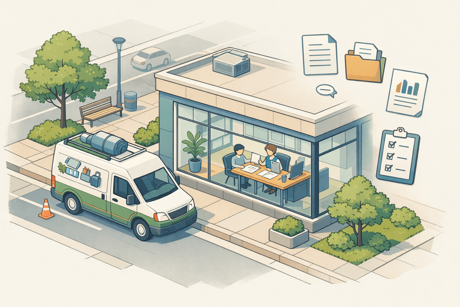 A mobile detailing van parked near a small business office with entrepreneurs reviewing loan documents inside.