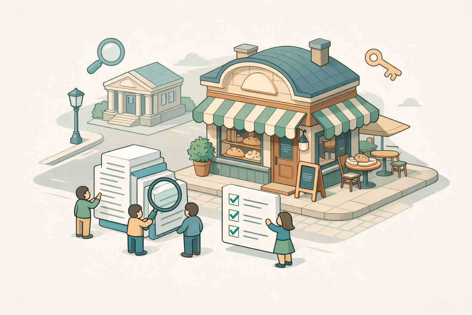 Isometric scene of a small seasonal bakery storefront with tiny figures reviewing documents and a bank building nearby