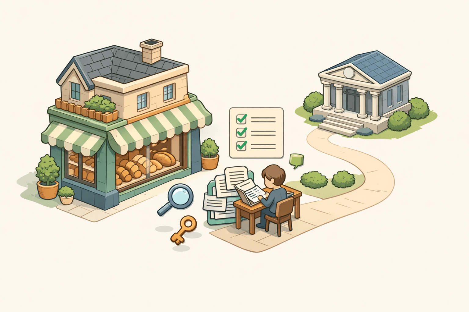 Small artisanal bakery storefront with a business owner reviewing loan documents at a desk outside