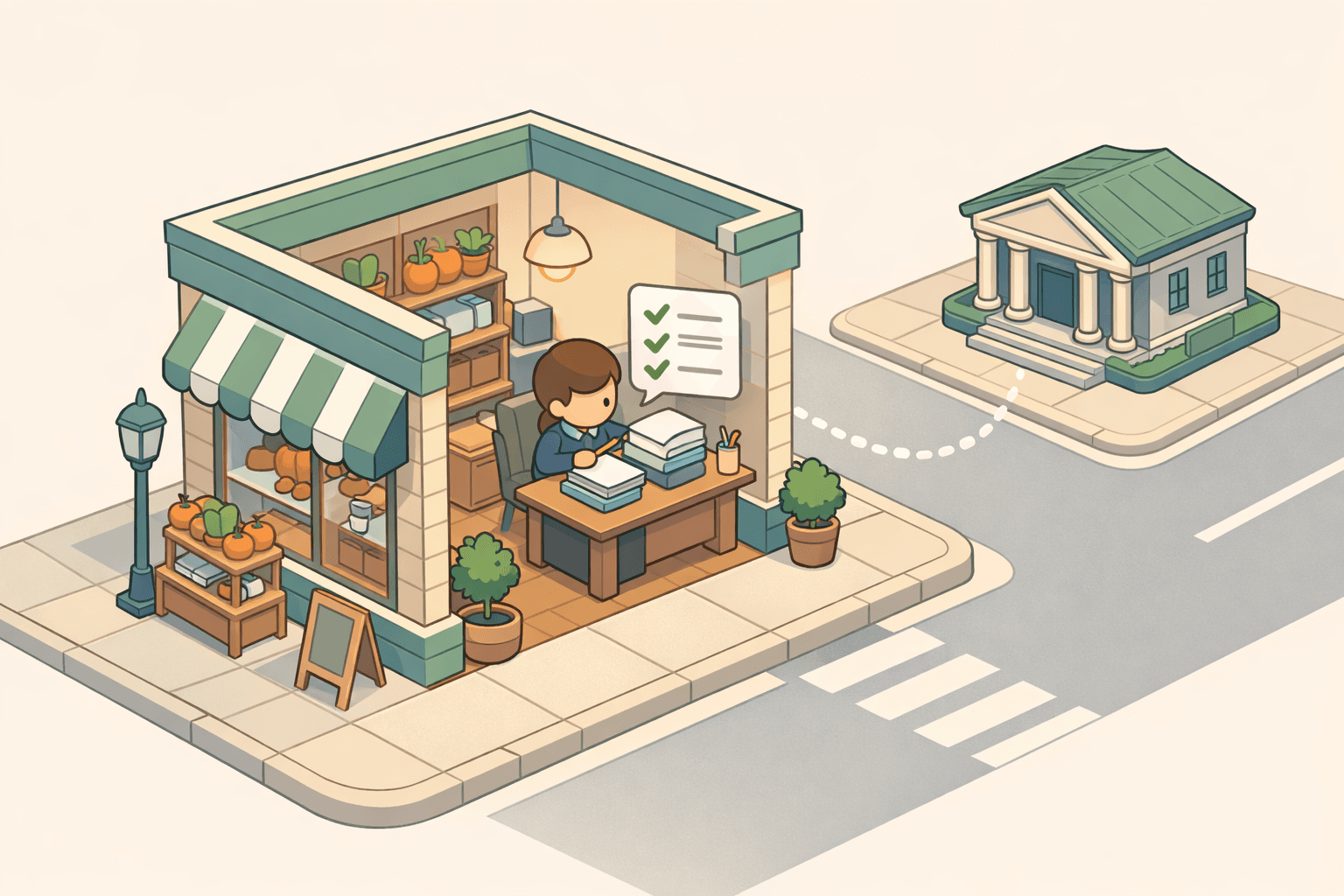 Small retail business owner reviewing SBA loan documents at a desk inside a seasonal shop with inventory on shelves