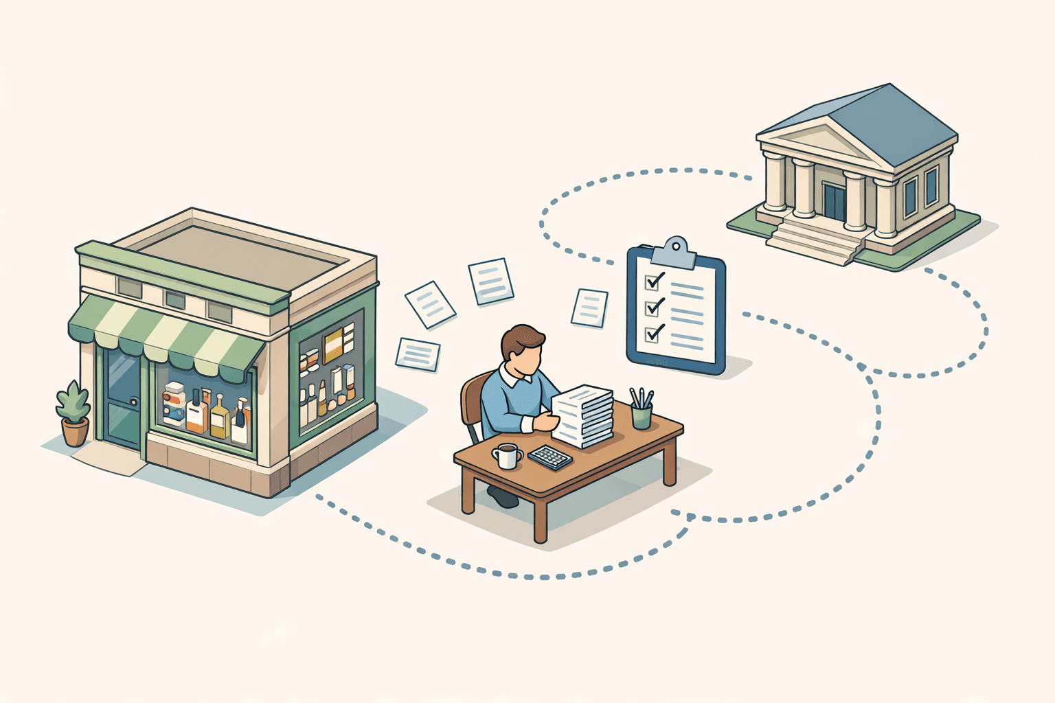 Small art supply store owner reviewing loan documents at a desk near their retail storefront