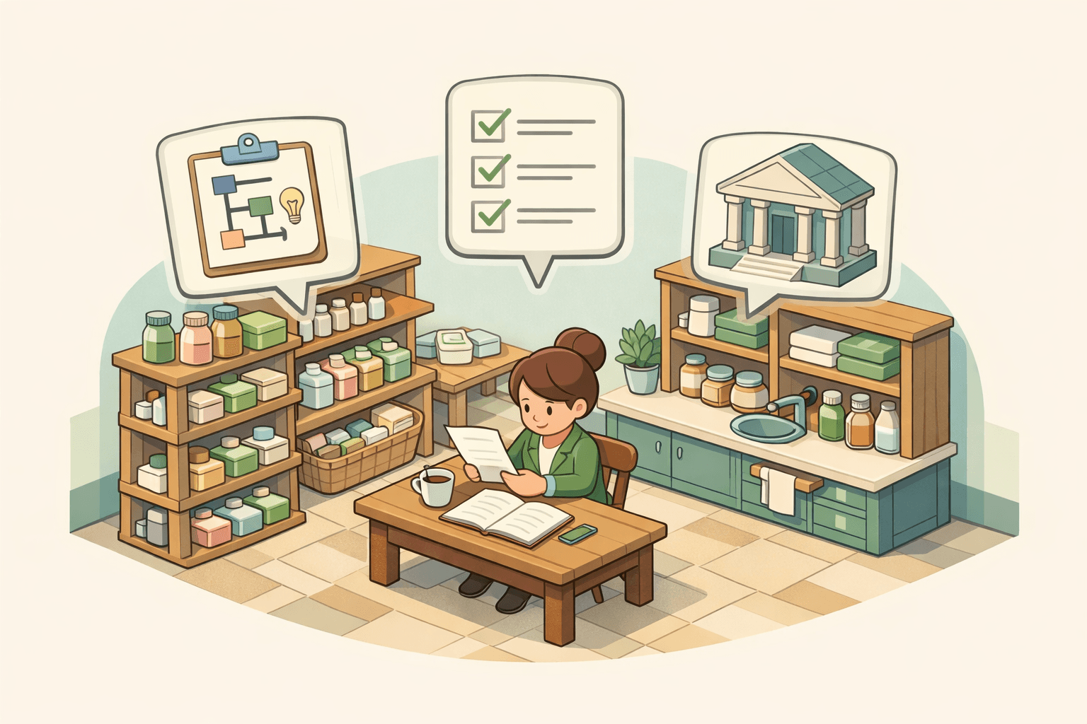A small artisan soap workshop with a business owner reviewing loan documents at a desk surrounded by handmade products