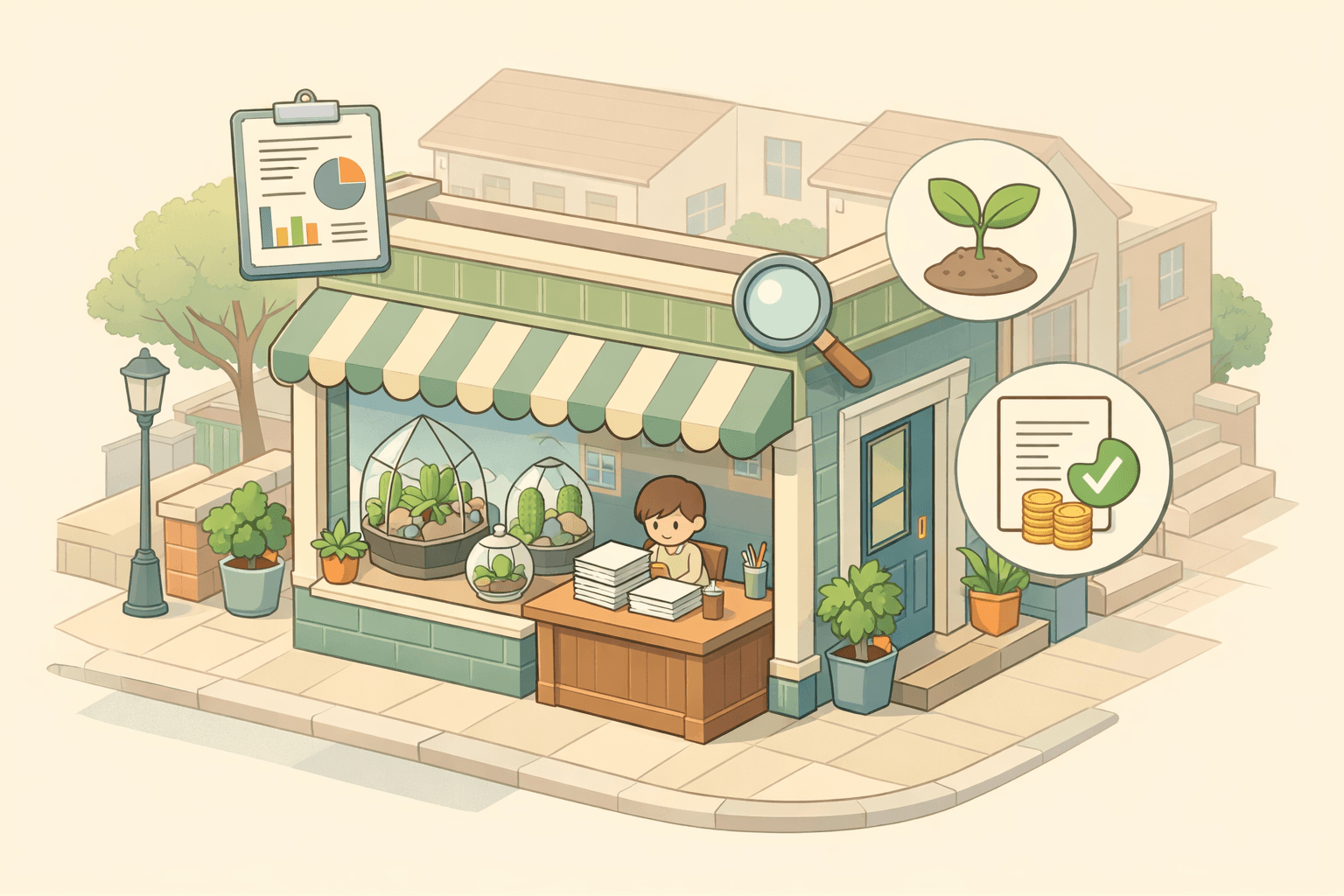 A small studio storefront with terrarium displays and a person reviewing loan documents at a desk surrounded by plant and finance icons
