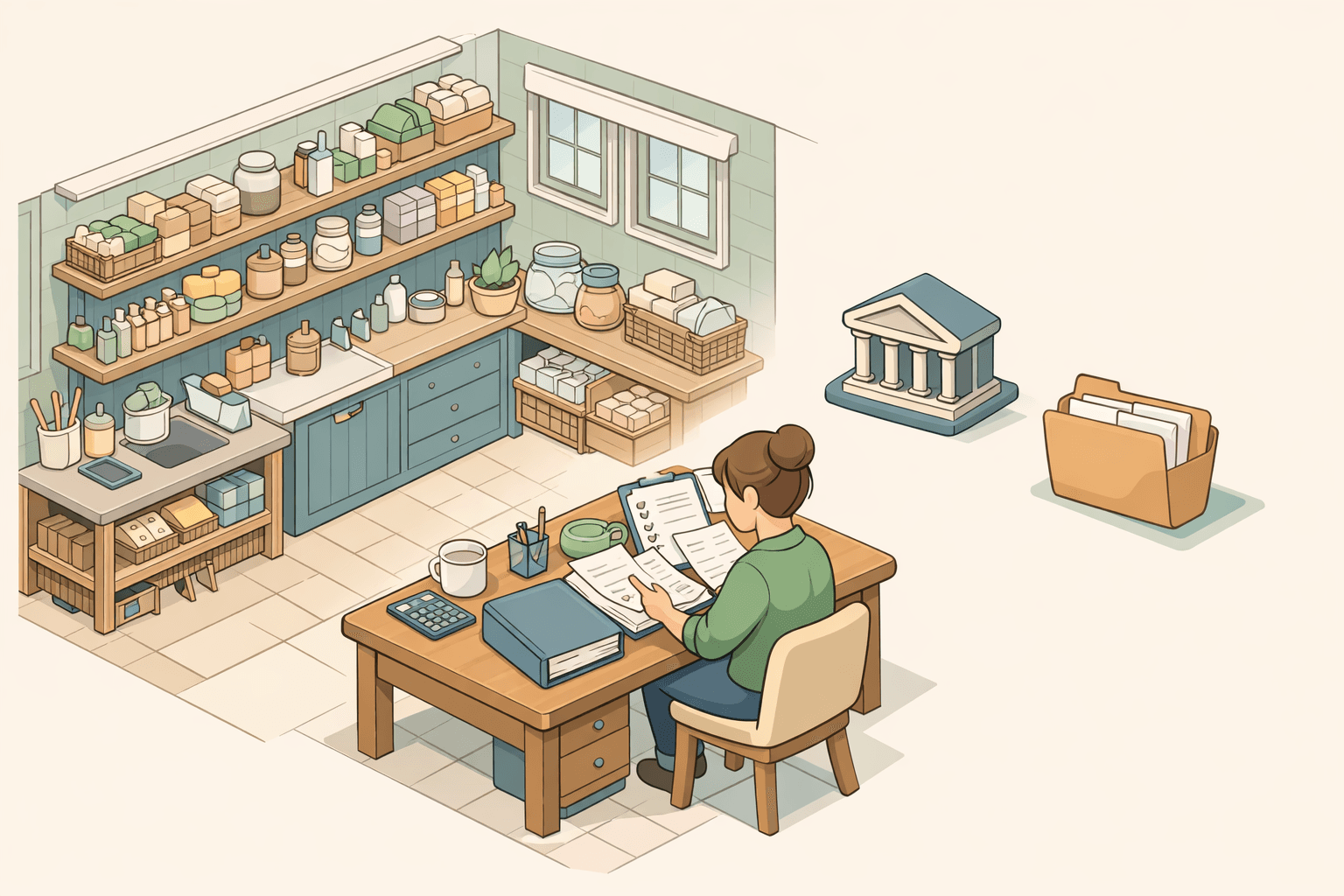 Small business owner reviewing startup loan documents at a desk inside a cozy artisanal soap workshop