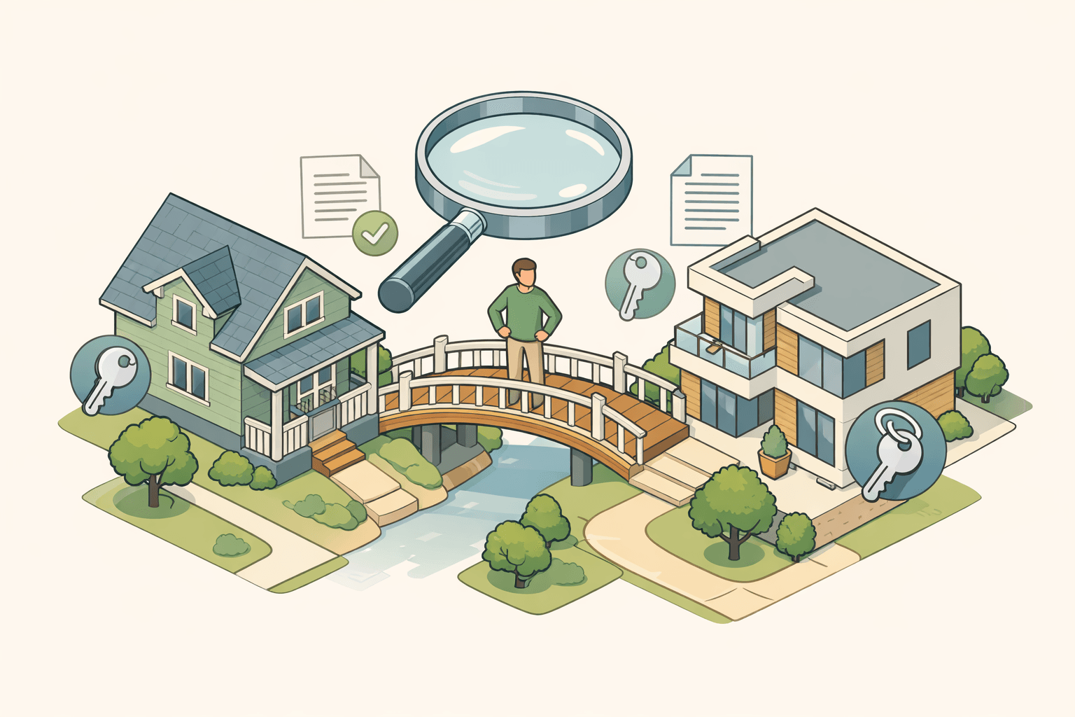 A homeowner standing on a bridge connecting two houses, representing the concept of bridge loan financing between property transactions