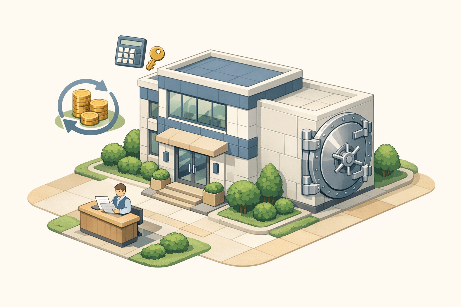 Small business owner reviewing a revolving credit facility at a modern office building with financial icons nearby