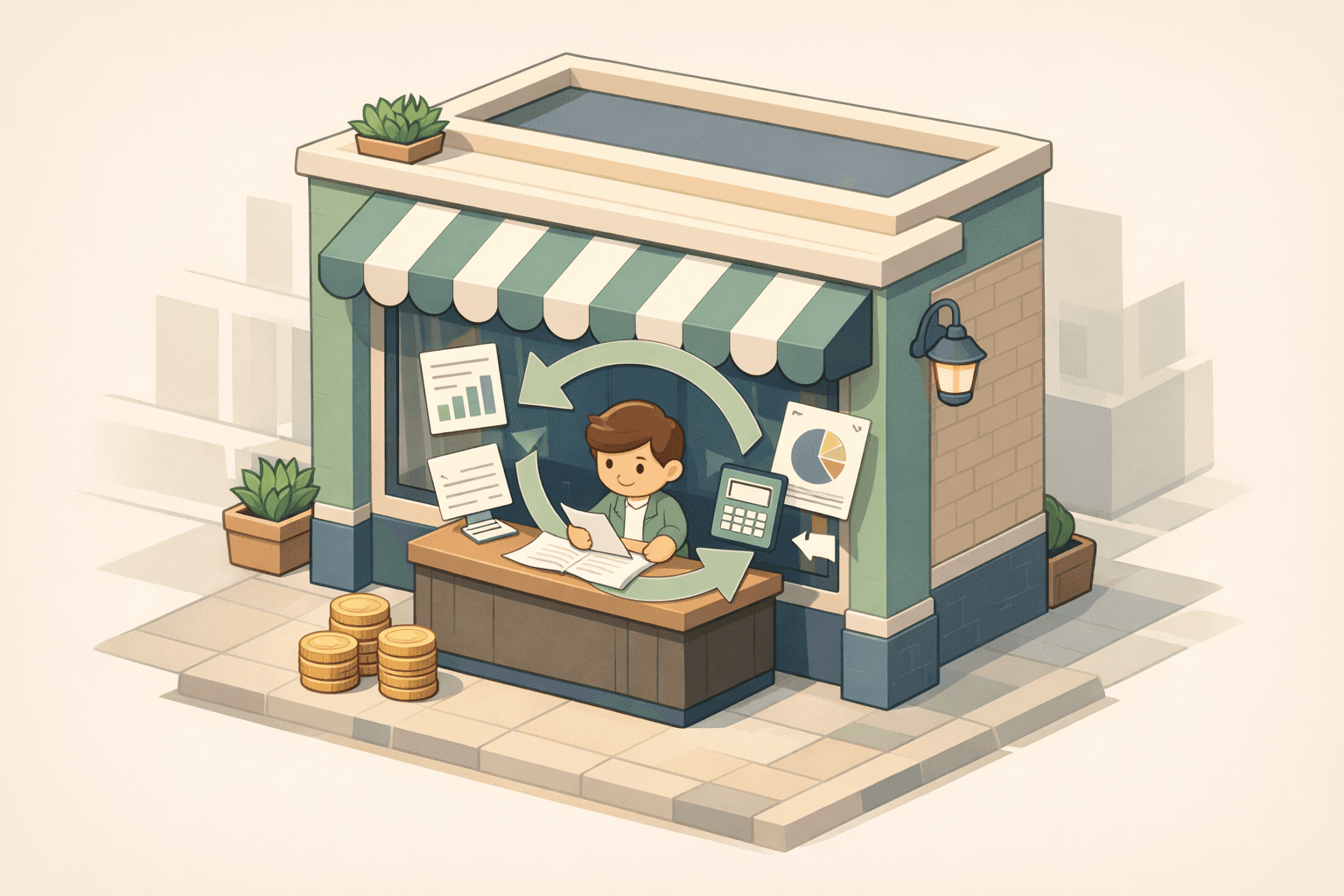 Small business owner reviewing a revolving line of credit document at a storefront desk with financial icons nearby