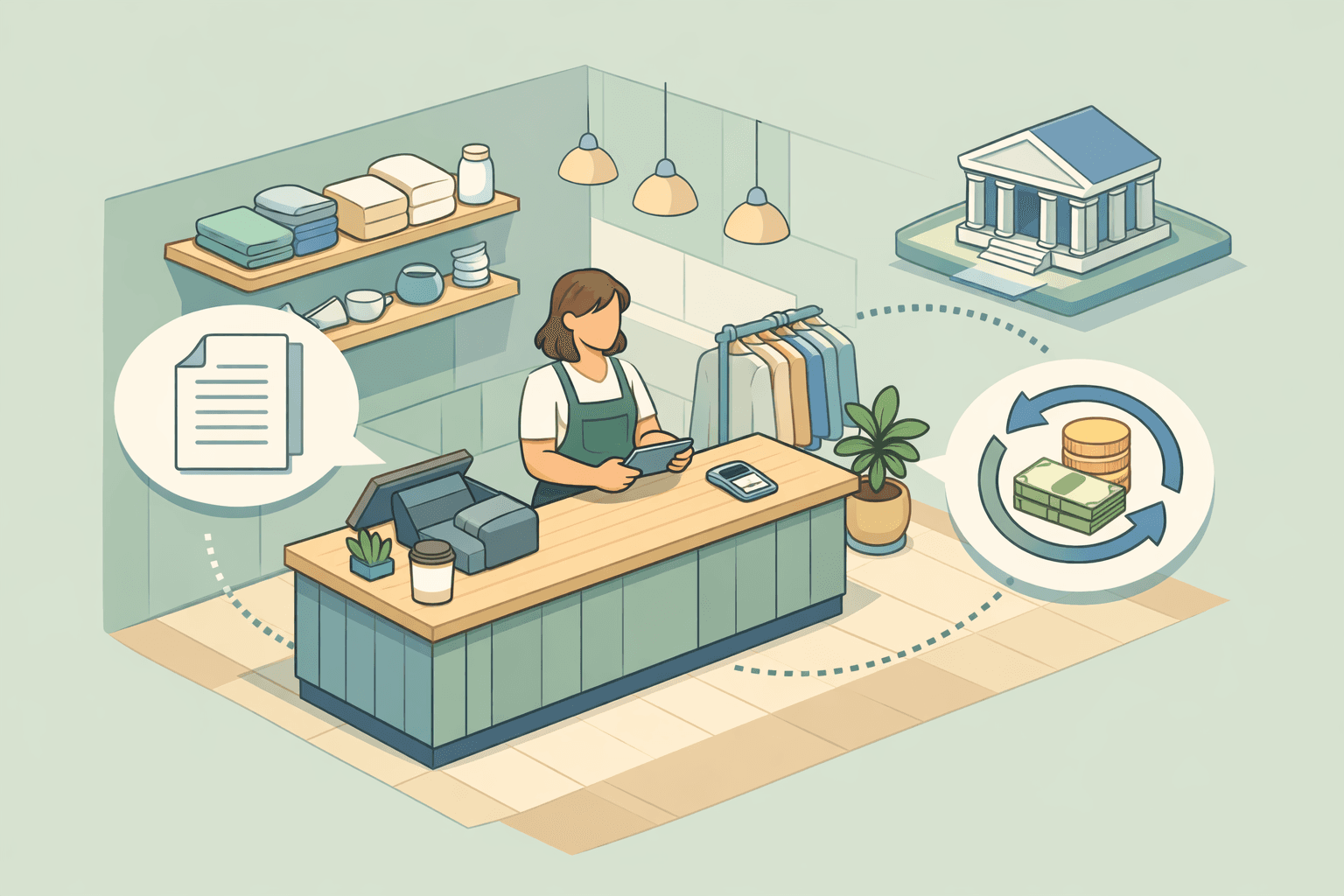 Small business owner inside a retail shop reviewing financing options with a floating credit line document icon nearby