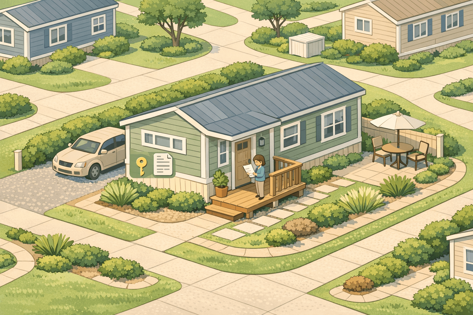 A manufactured home in a tidy housing community with a person reviewing loan documents near the entrance