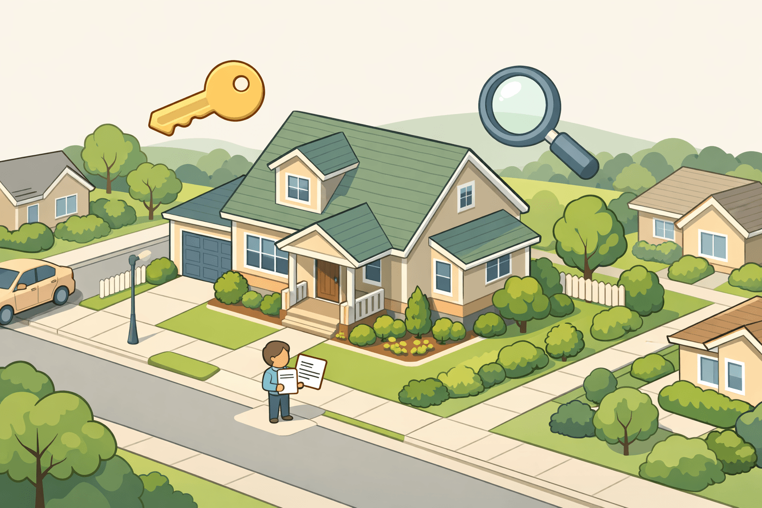 Isometric illustration of a suburban home with a person reviewing mortgage documents and a floating key icon nearby