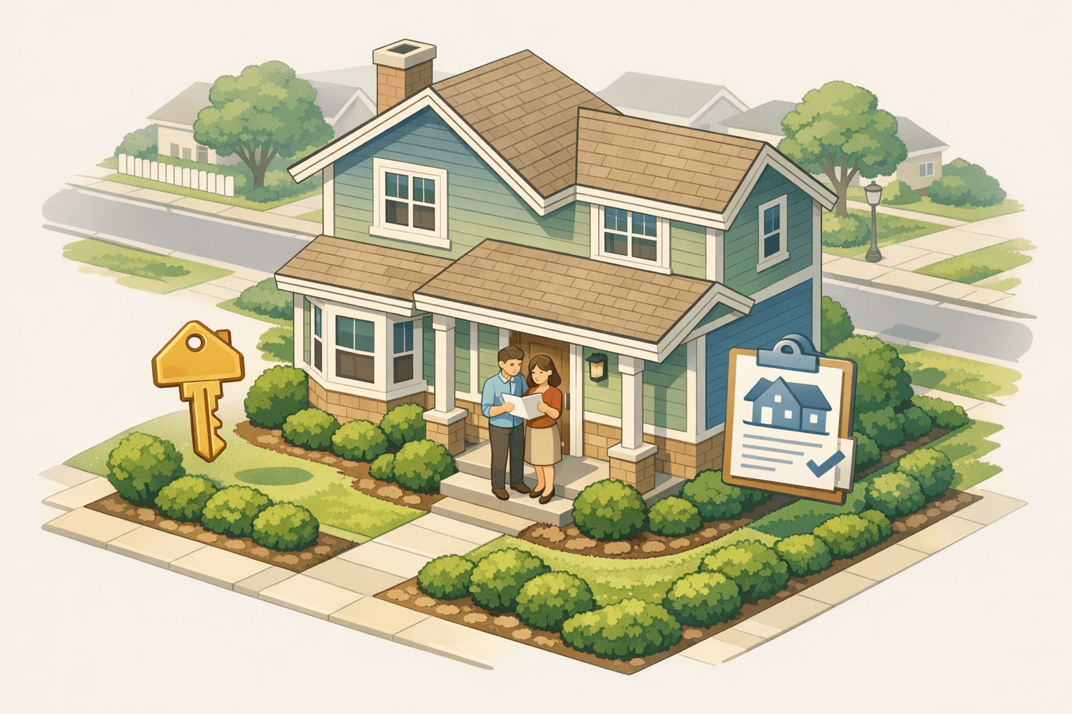 A couple reviews mortgage documents outside a suburban home with a key and paperwork icons nearby