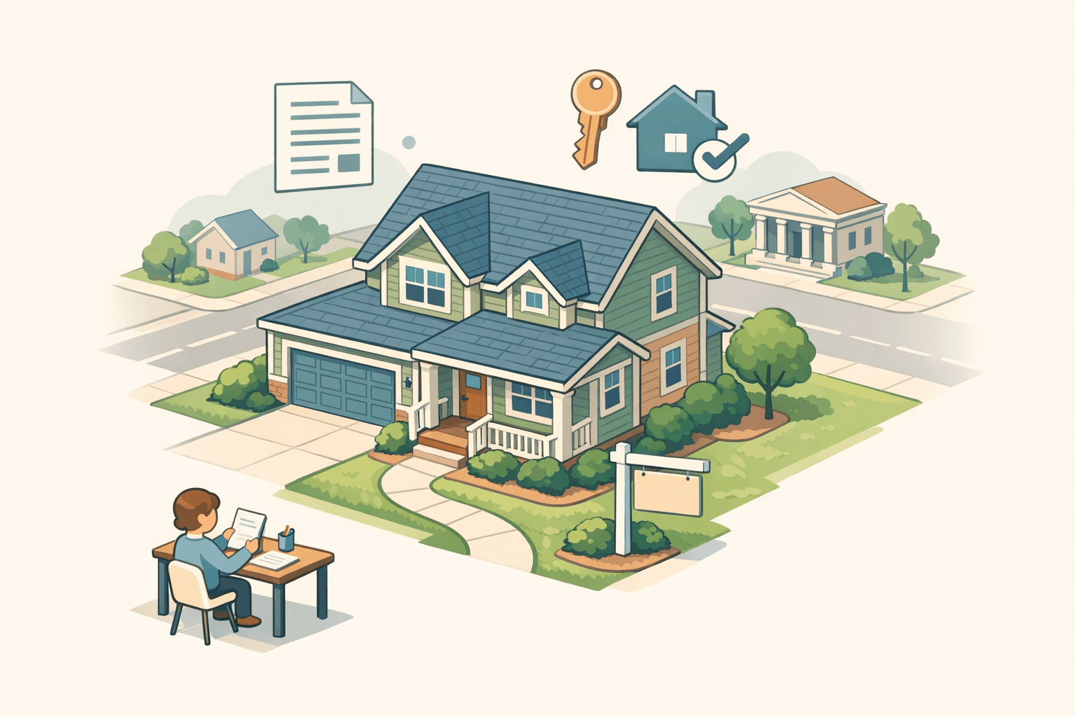 A suburban house with a for-sale sign and a person reviewing mortgage documents at a nearby desk